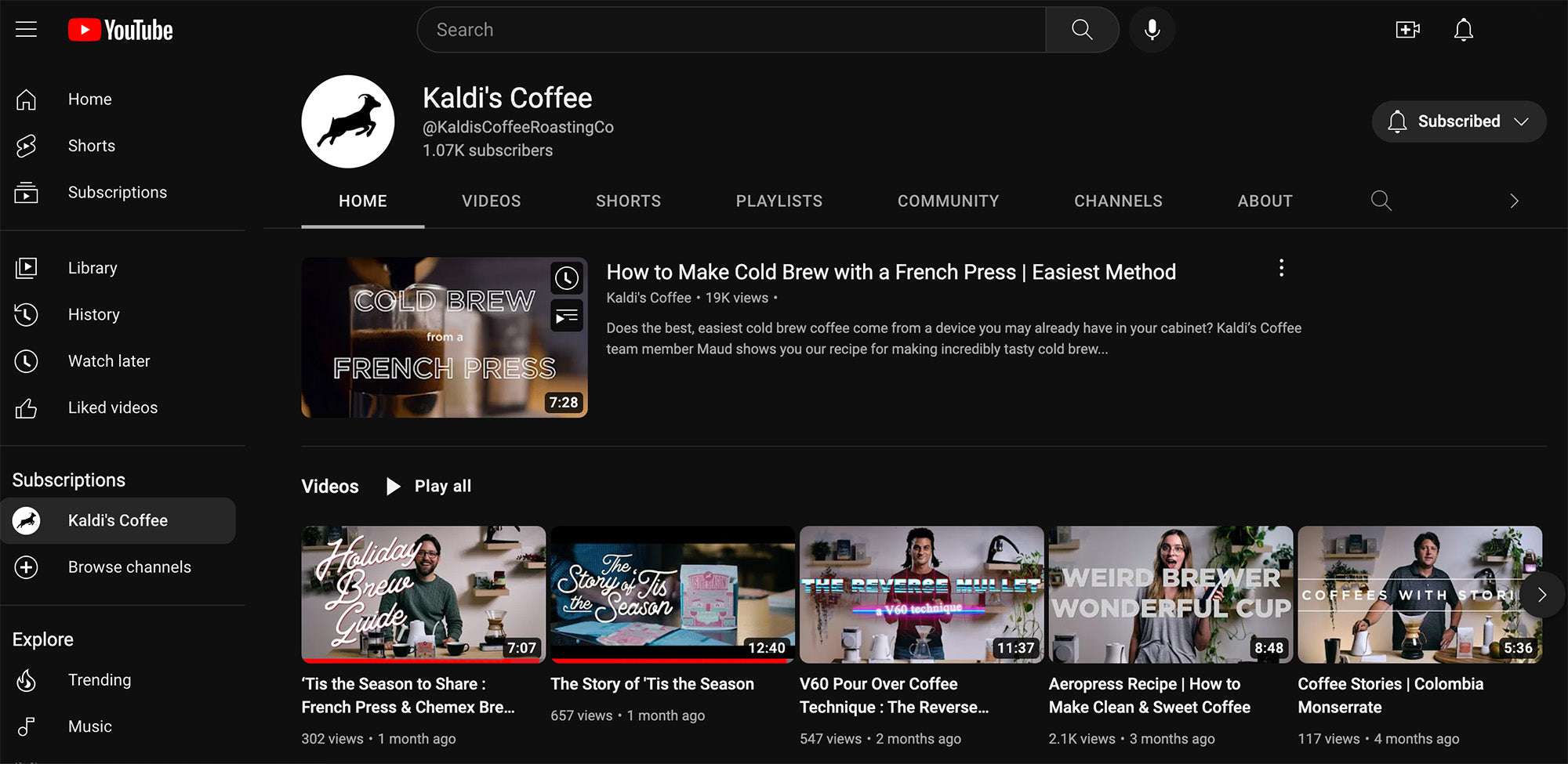 Kaldi's Youtube homepage