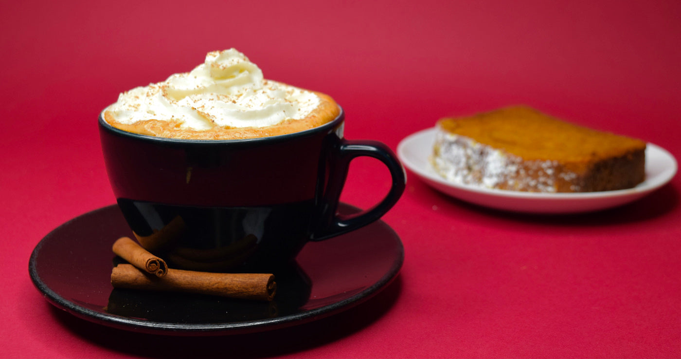 Baked Maple Pumpkin Latte with a slice of Pumpkin Bread