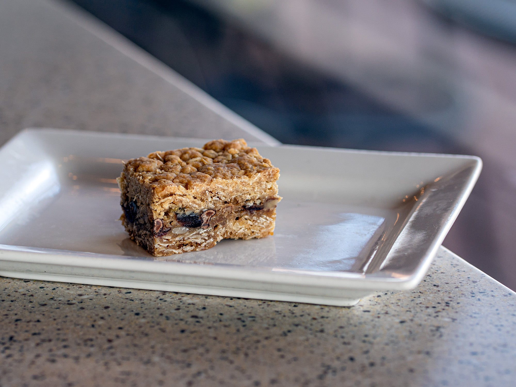 A tiny breakfast bit sits on a countertop