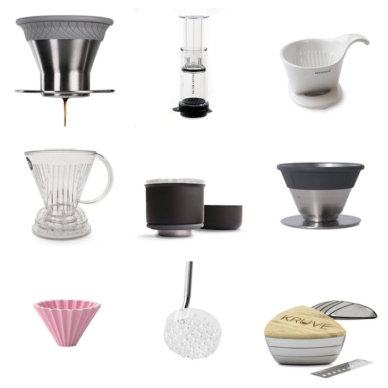 Different Kinds of Brewing Gear - December Dripper, Delter Press, Beehouse Dripper, Fellow Stagg X Dripper, Origami Dripper, Melodrip Coffee Tool, Kruve Sifter