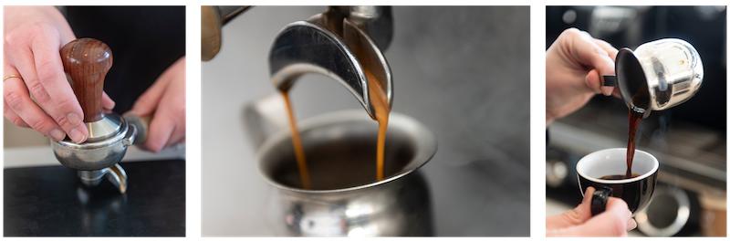 Espresso Coffee being tamped, brewed, and then poured into a small cup