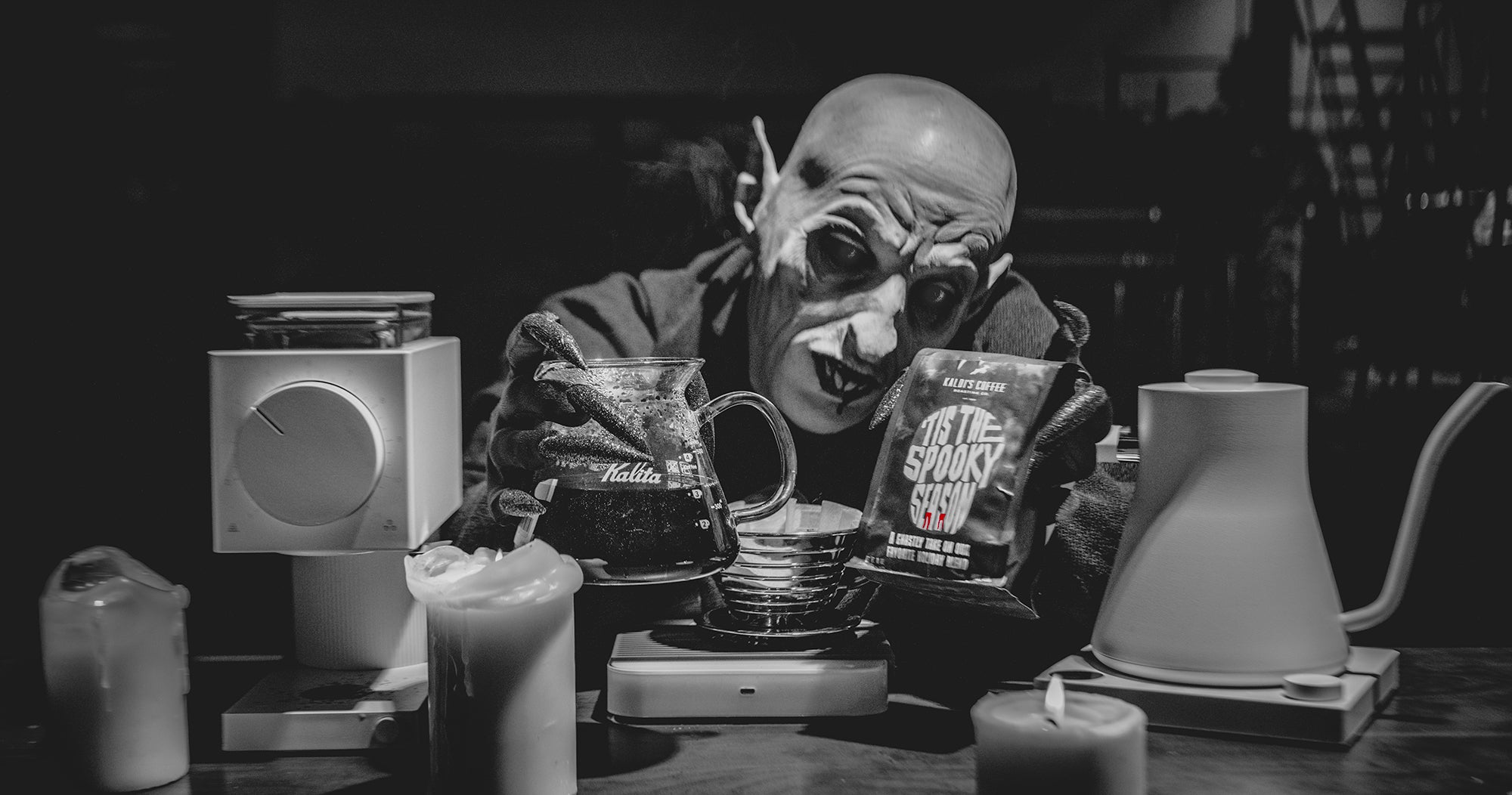 Nosferatu brews a pour over using 'Tis the Spooky blend