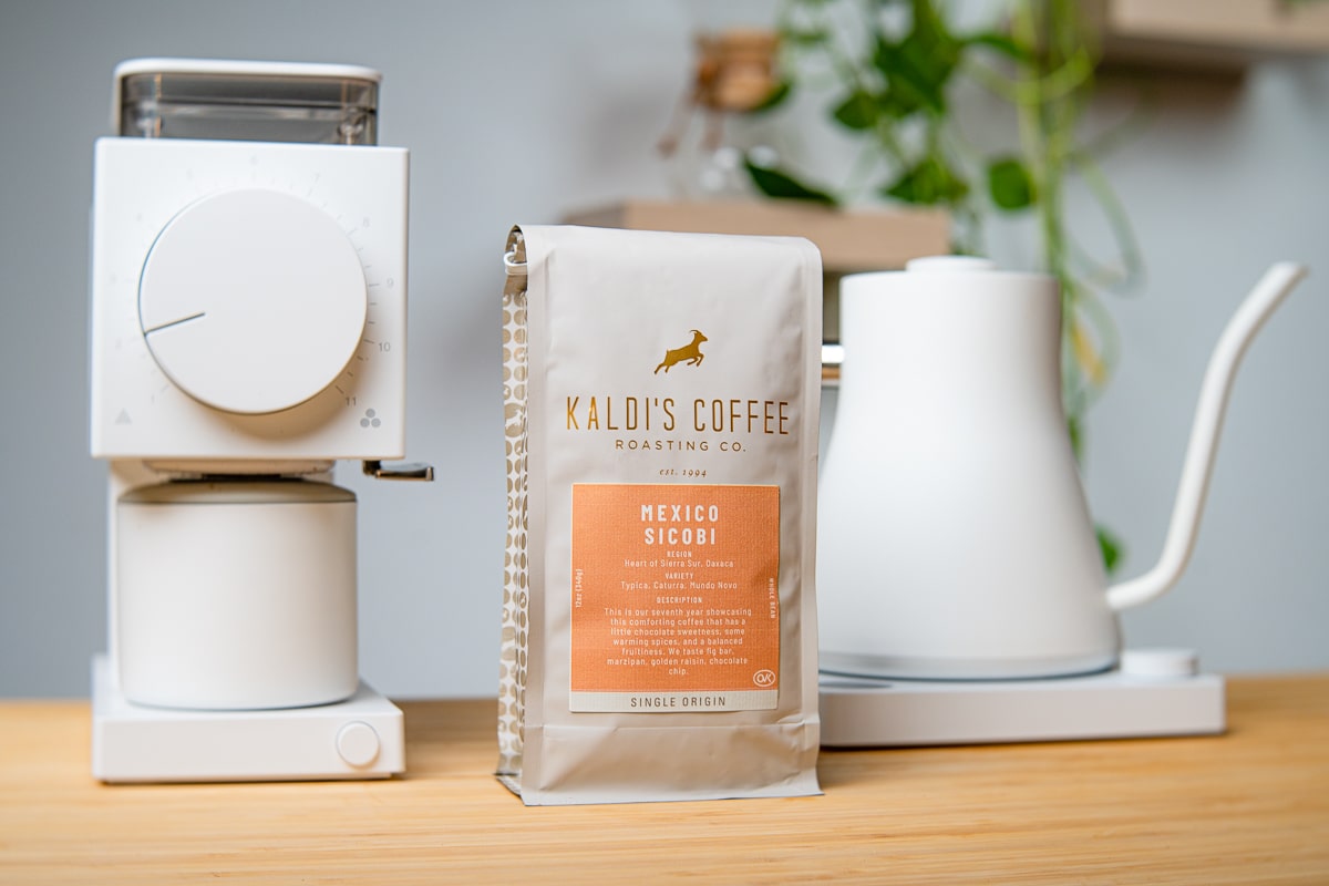 Kaldi's coffee nag next to Fellow Ode and Stagg kettle