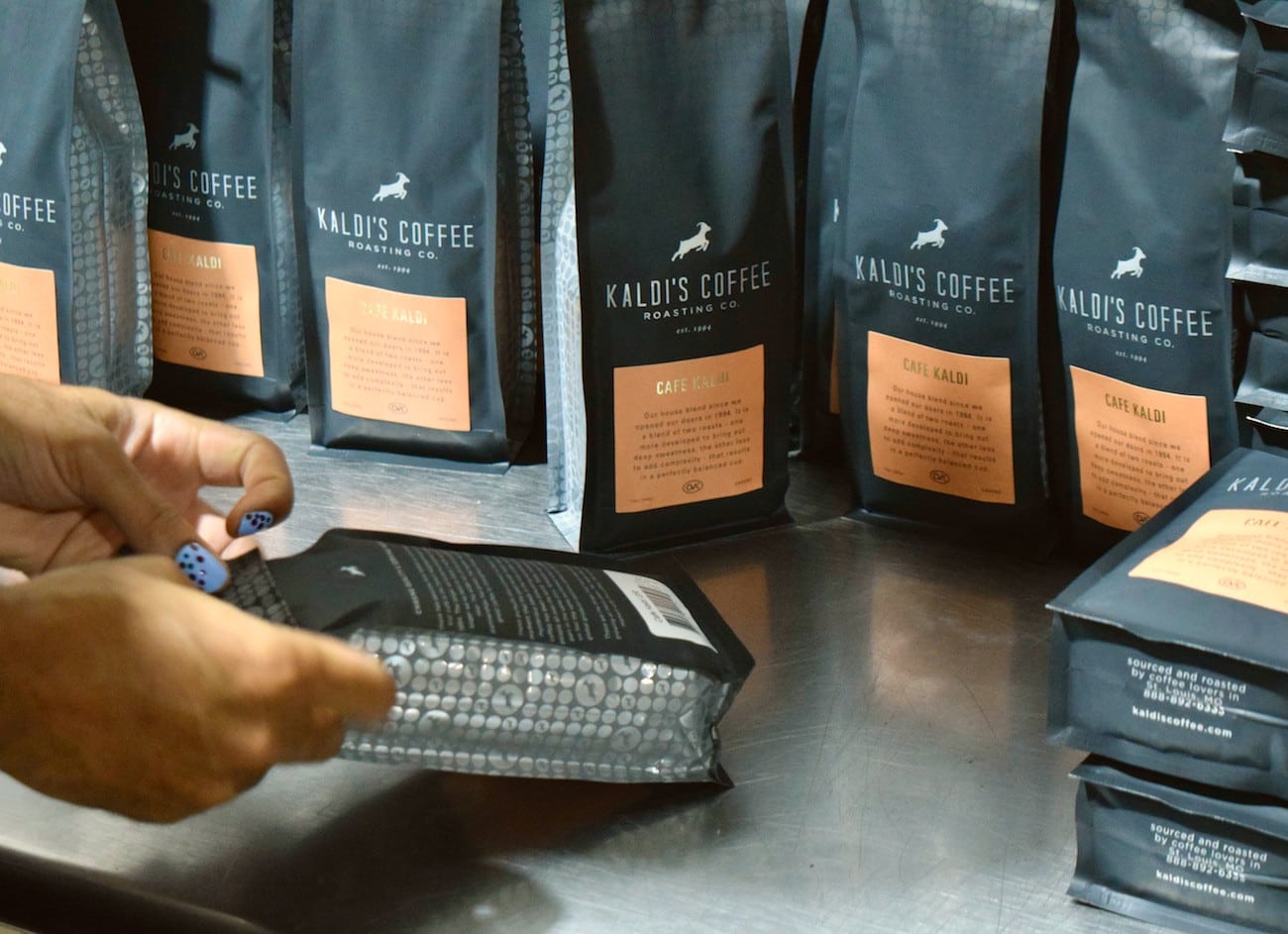 Bagging coffee at Kaldi's Roastery