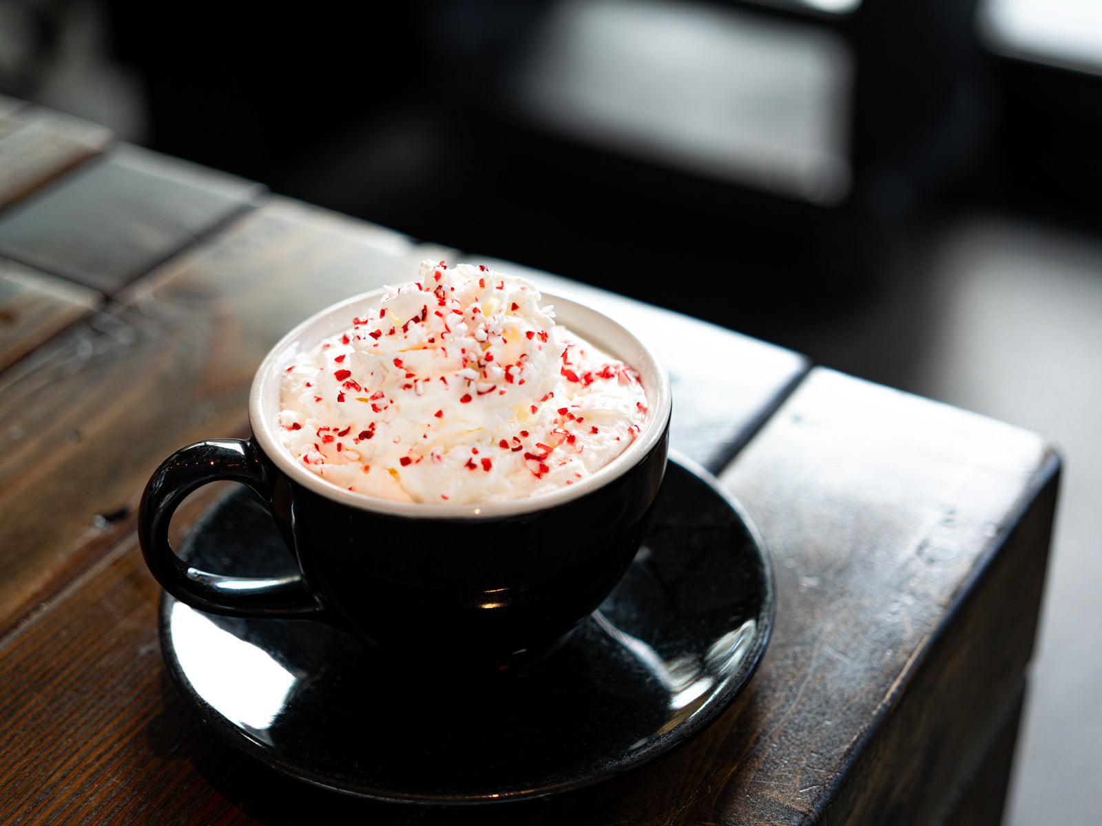 Peppermint Hot Chocolate on wooden high-top