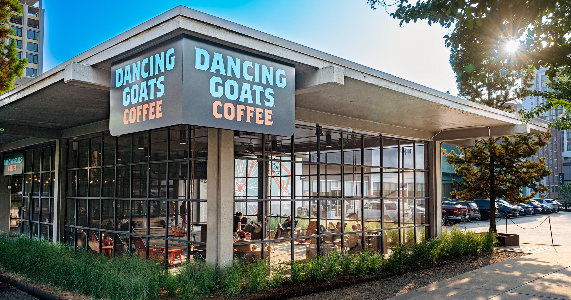 The sunshines across Dancing Goat's patio at Ponce City Market