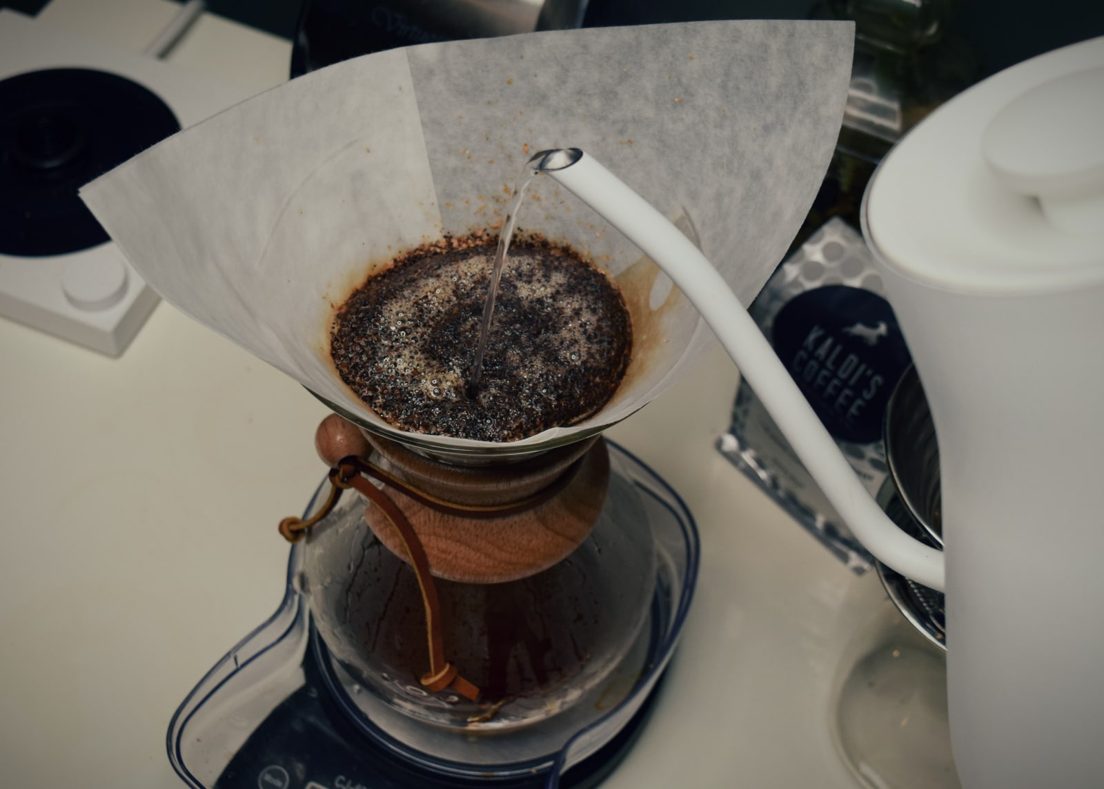 Pouring over a Chemex coffee bed