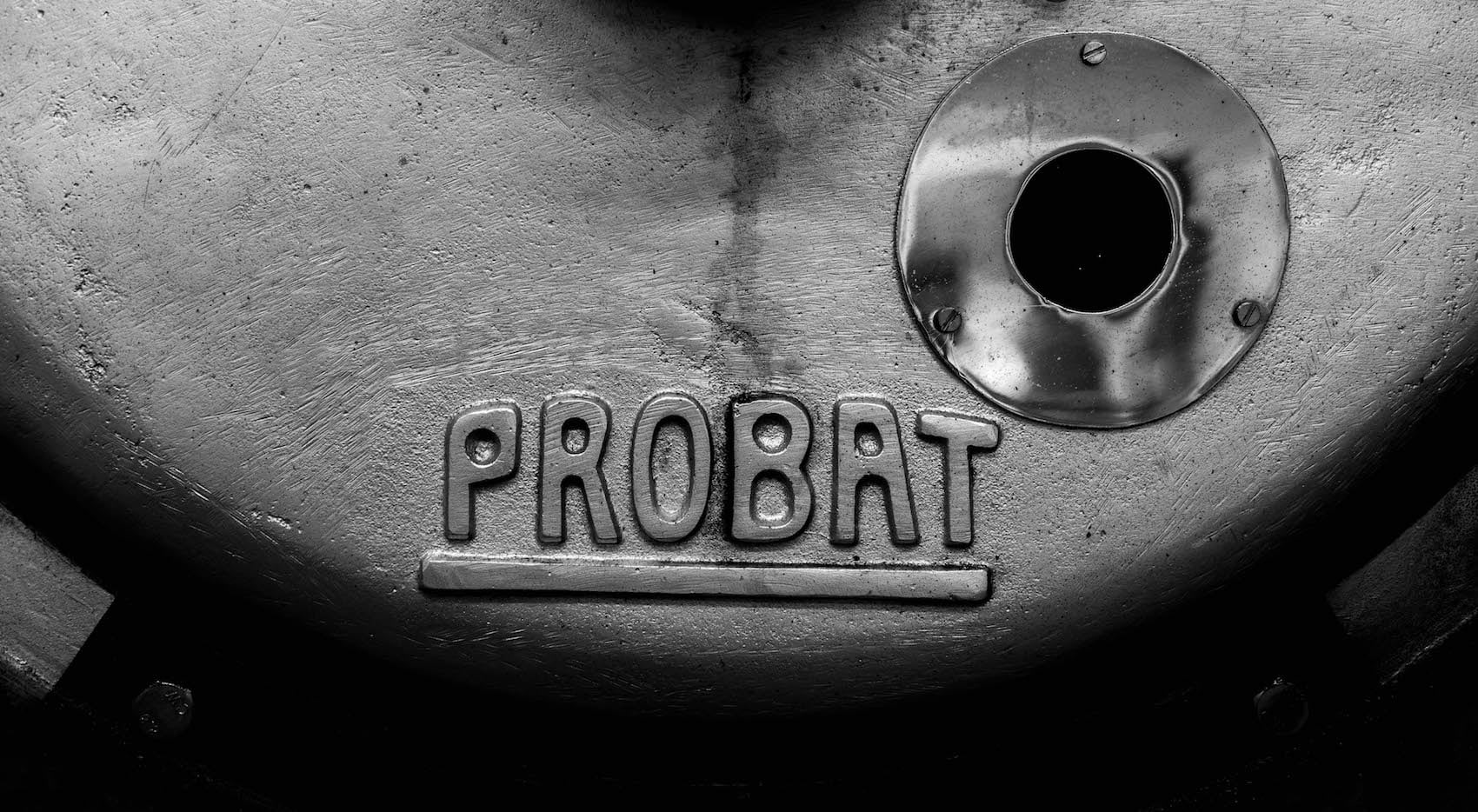 Up close Probat Logo on our Vintage Probat coffee roaster