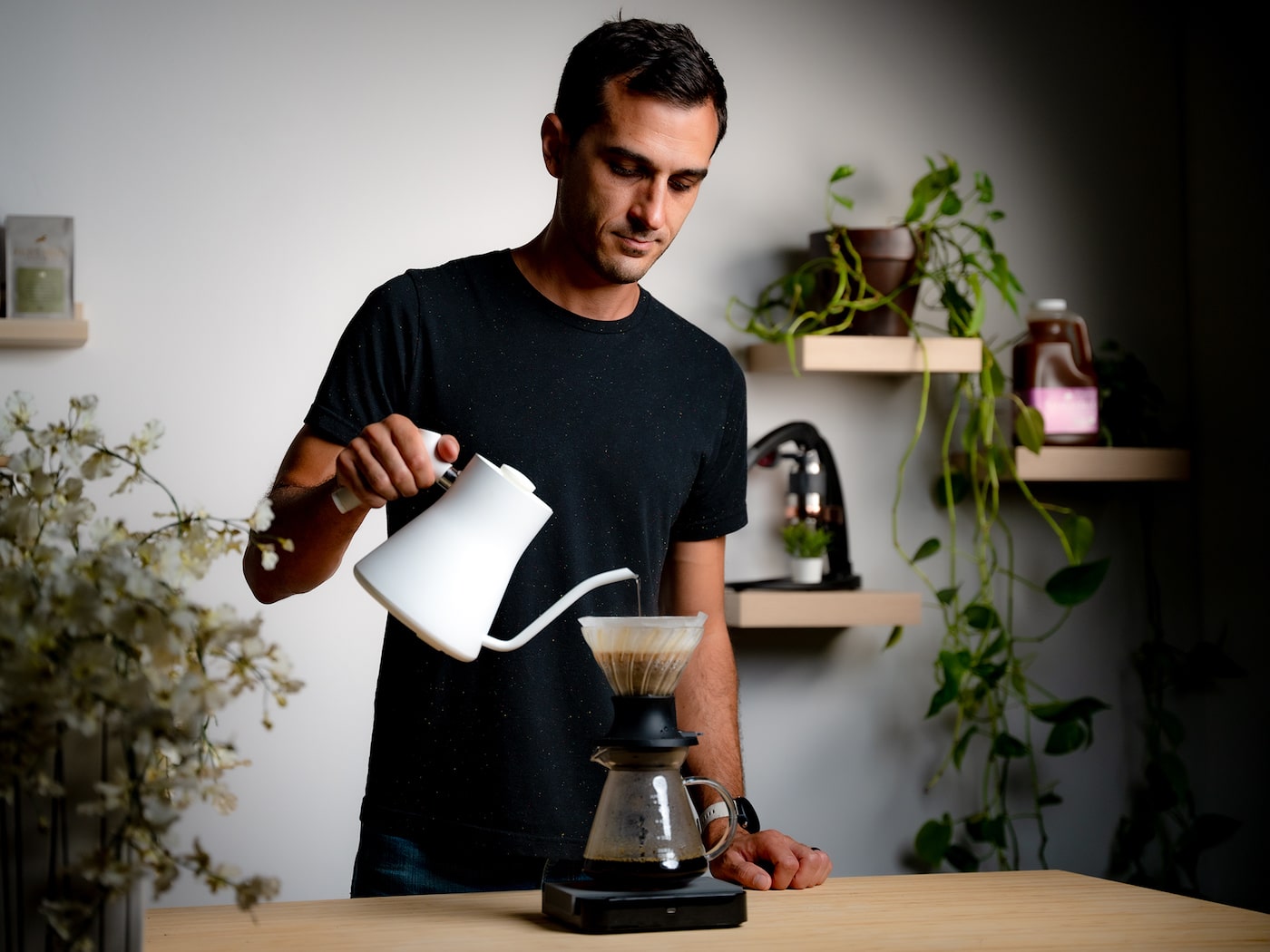 Rob making pour over coffee on the Hario Switch