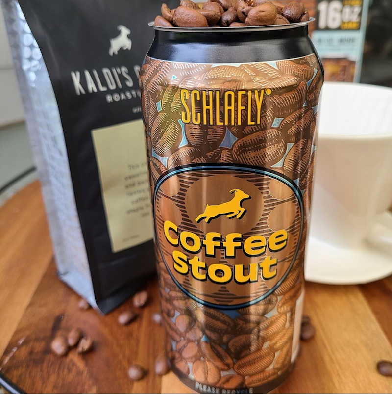 Schlafly Coffee Stout Can in front of a 12oz bag of 700 Coffee Blend 