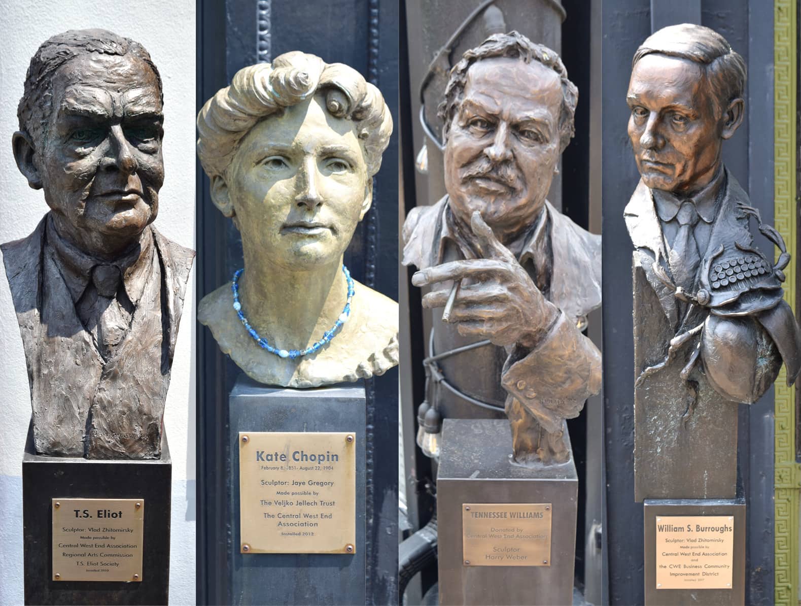 4 statues in Writers Corner in the Central West End - T.S. Elliot, Kate Chopin, Tennessee Williams, William S. Burroughs