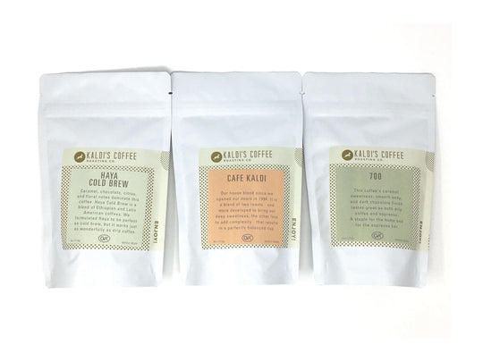 Kaldi's Coffee Blend Sampler Box, featuring Cafe Kaldi, 700 espresso blend, and Haya Cold Brew Blend