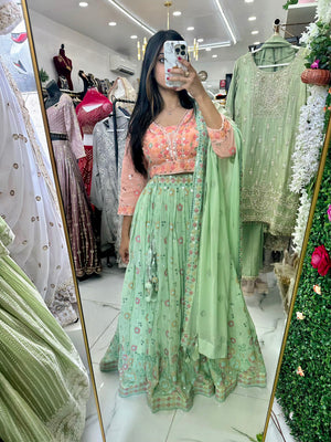Green and peach contrast georgette party lehenga - Selina Habibti Attire