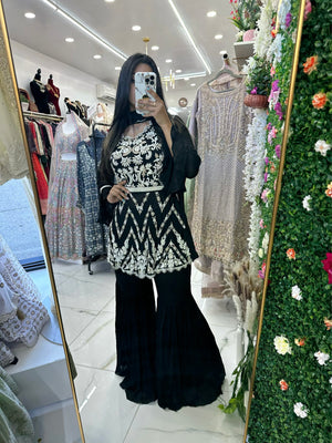 Black and white hand work belted gharara suit - Selina Habibti Attire