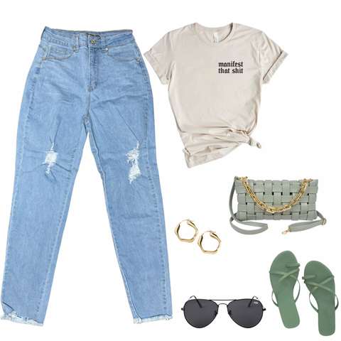 Casual outfit idea: graphic t shirt, light wash denim mom jeans, sage green sandals, sage green cross body purse, black sunglasses, small gold hoop earrings 