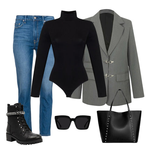 Black turtleneck bodysuit, high waist mom jeans, grey blazer, black tote bag