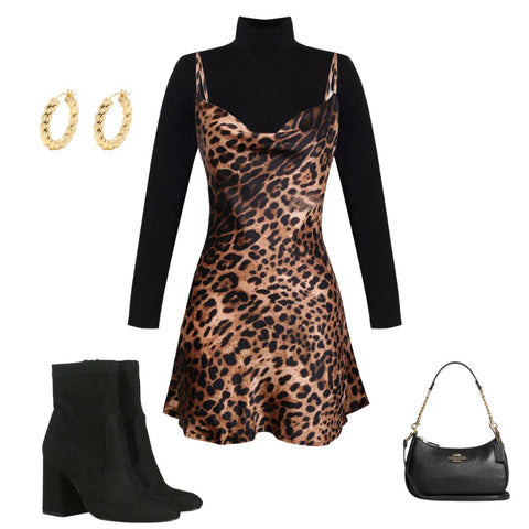 Black turtleneck bodysuit, leopard satin dress, black suede boots 