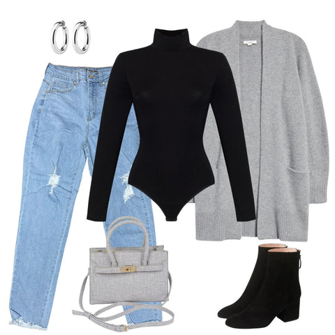 Black turtleneck bodysuit with light wash mom jeans, long heather grey cardigan and grey square bag 