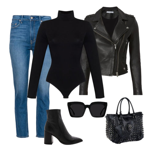 Black turtleneck bodysuit with medium wash mom jeans and a black leather jacket