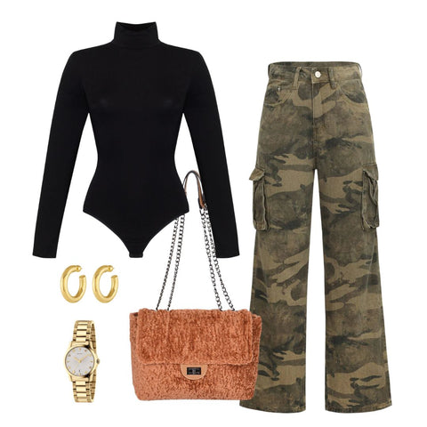 Black turtleneck bodysuit with wide leg cargo pants and fur shoulder bag 