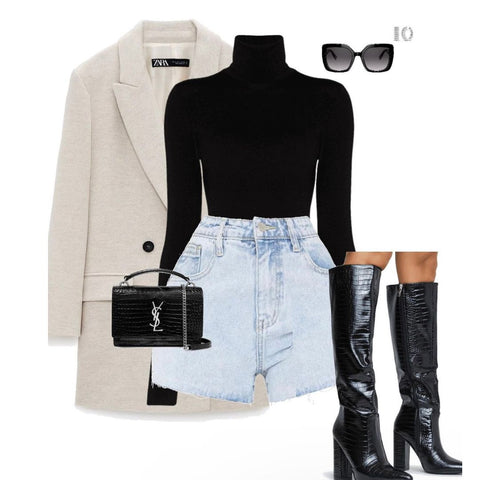 Black turtleneck bodysuit with light wash denim shorts, black thigh high boots, grey trench coat