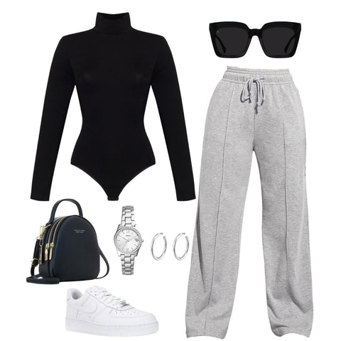 Black turtleneck bodysuit with wide leg grey joggers, white air force ones 