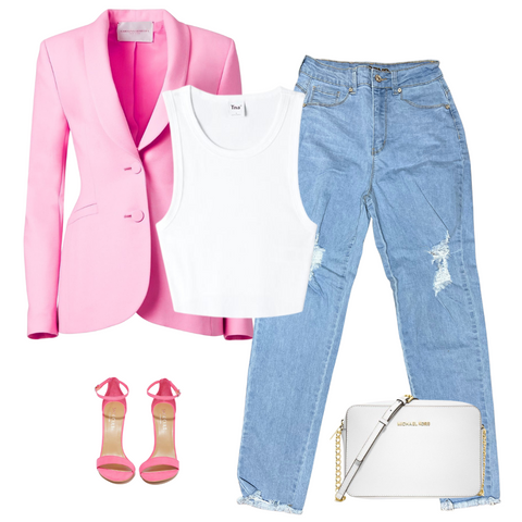 Outfit Inspiration Pink women's blazer white crop top light wash mom jeans pink heels