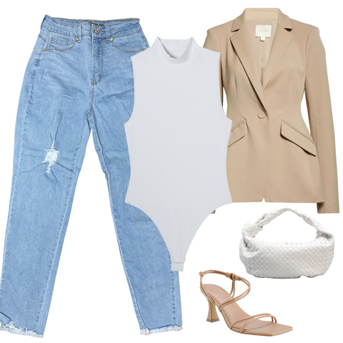 Sleeveless white bodysuit, high waist mom jeans, women's tan blazer, tan strap heel