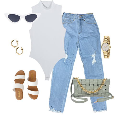Outfit inspiration, light wash mom jeans, sleeveless white body suit, white sandels, white cat eye sunglasses, sage cross body purse