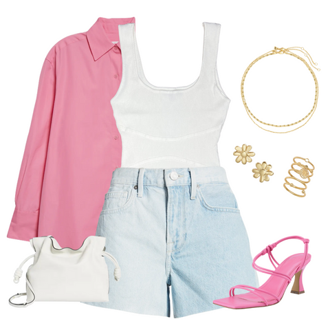 white ribbed bodysuit, pink button up, pink strap up heel, white shoulder purse