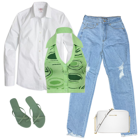Styling mom jeans. Light Wash Mom Jeans, Long sleeve button down, mutil color green crop top, green sandals, sage green cross body purse