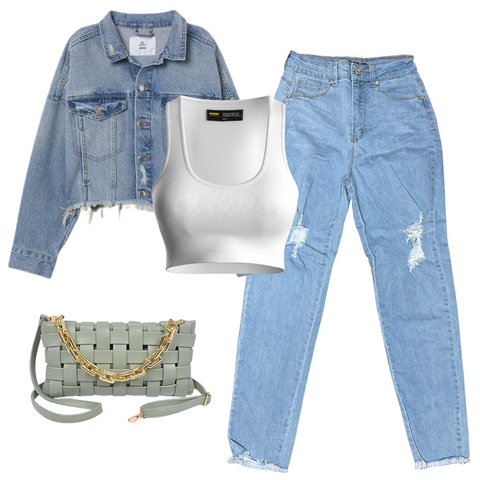 Women's Outfit Inspiration light wash mom jeans, white cropped top, cropped denim jacket, sage crossbody purse