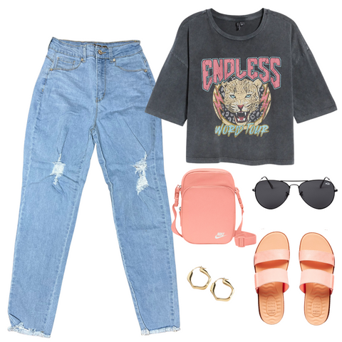 high waist mom jeans, grey cropped graphic tee shirt, peach sandals, black aviator or sunglasses