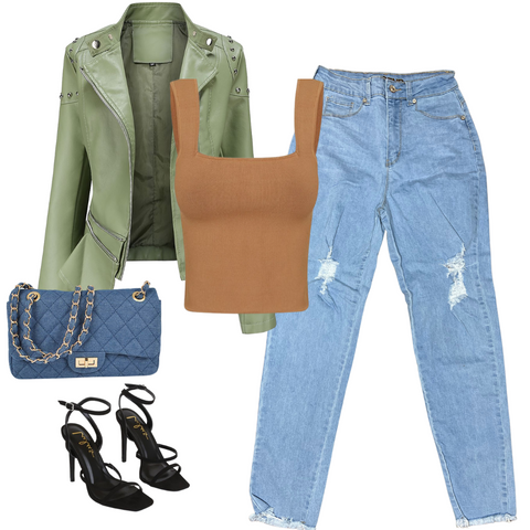 Styling Mom jeans with a green leather moto jacket, light wash mom jeans, tan sleeveless body suit, black heels, denim crossbody purse