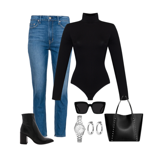 High waist mom jeans, Black long sleeve turtleneck bodysuit, black tote bag 