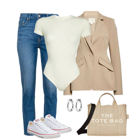 High waist mom jeans, white bodysuit, nude blazer, marc jacobs tote bags