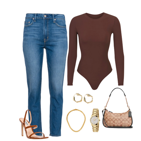 High waist mom jeans, brown long sleeve bodysuit, brown open toe heels, brown coach shoulder bag