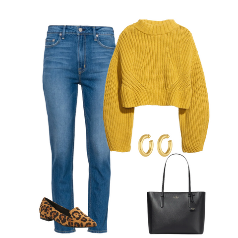 High waist mom jeans, yellow cropped top, black tote bag 