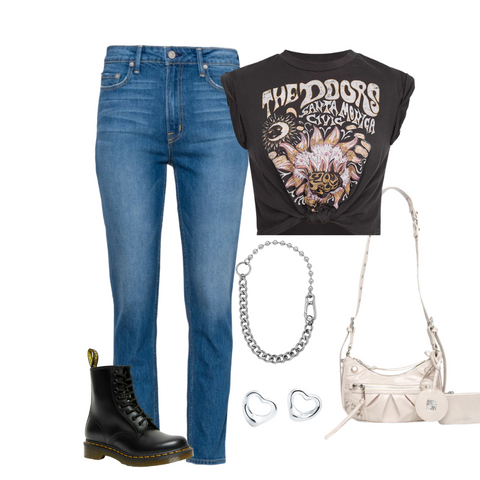 High waist mom jeans, graphic t-shirt, cream crossbody purse 