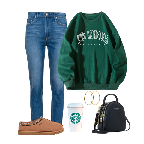 High waist mom jeans, green pull over, ugg slippers, black mini backpack 