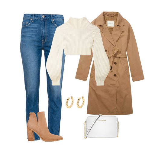 High waist mom jeans, white cropped sweater, long camel trench coat, white crossbody purse 