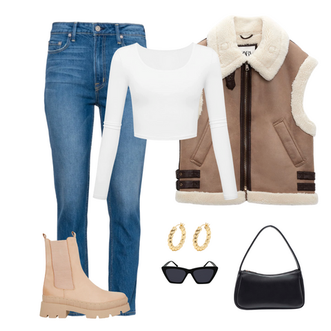 High waist mom jeans, white long sleeve crop top, leather vest, black shoulder bag 