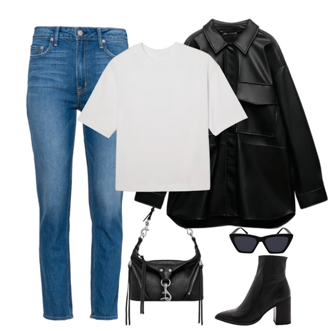 High waist mom jeans, white t-shirt, leather shacket, black leather pants 