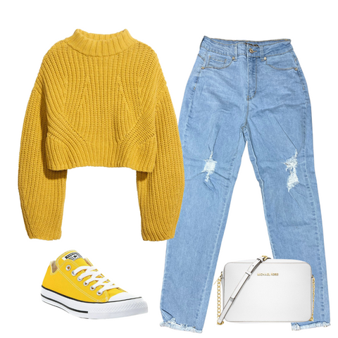 Outfit Inspiration, Light wash Mom jeans Yellow cropped sweater, yellow converse, white Michael kors crossbody purse