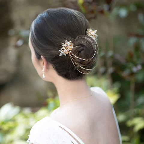 Jules Bridal Haisley Gold Vintage Design Hair Drape with Pearl Flower Blossoms