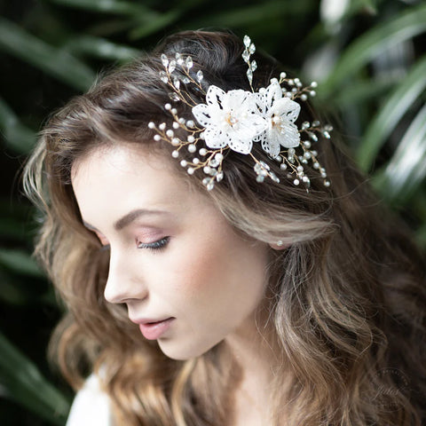 Jules Bridal Leilani Floral Hair Vine in Gold with Crystals and Pearls