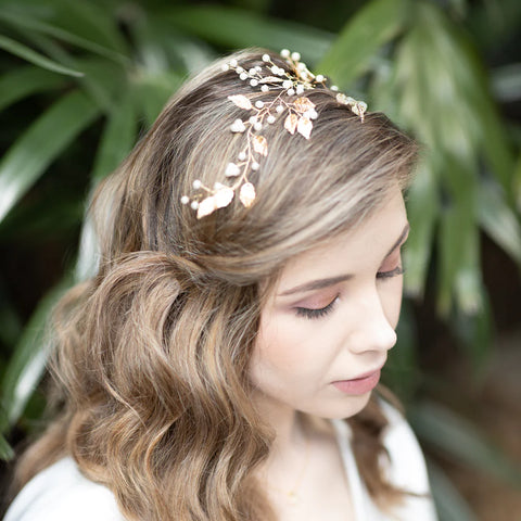 Jules Bridal Liana Golden Leaf Hair Vine with Pearls