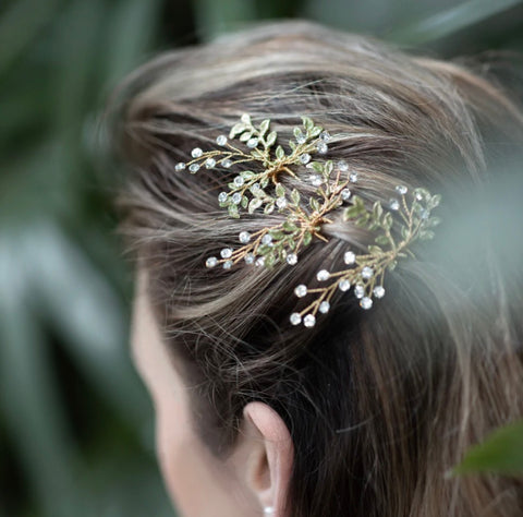 Jules Bridal Misty Crystal & Green Hair Pin Set