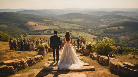 European countryside wedding with rolling hills backdrop