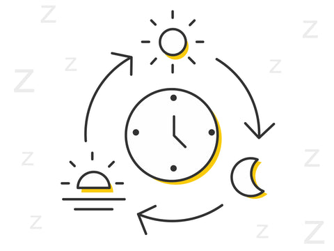 Summer sleep routine graphic centred around a clock and full sun, sunset and moon
